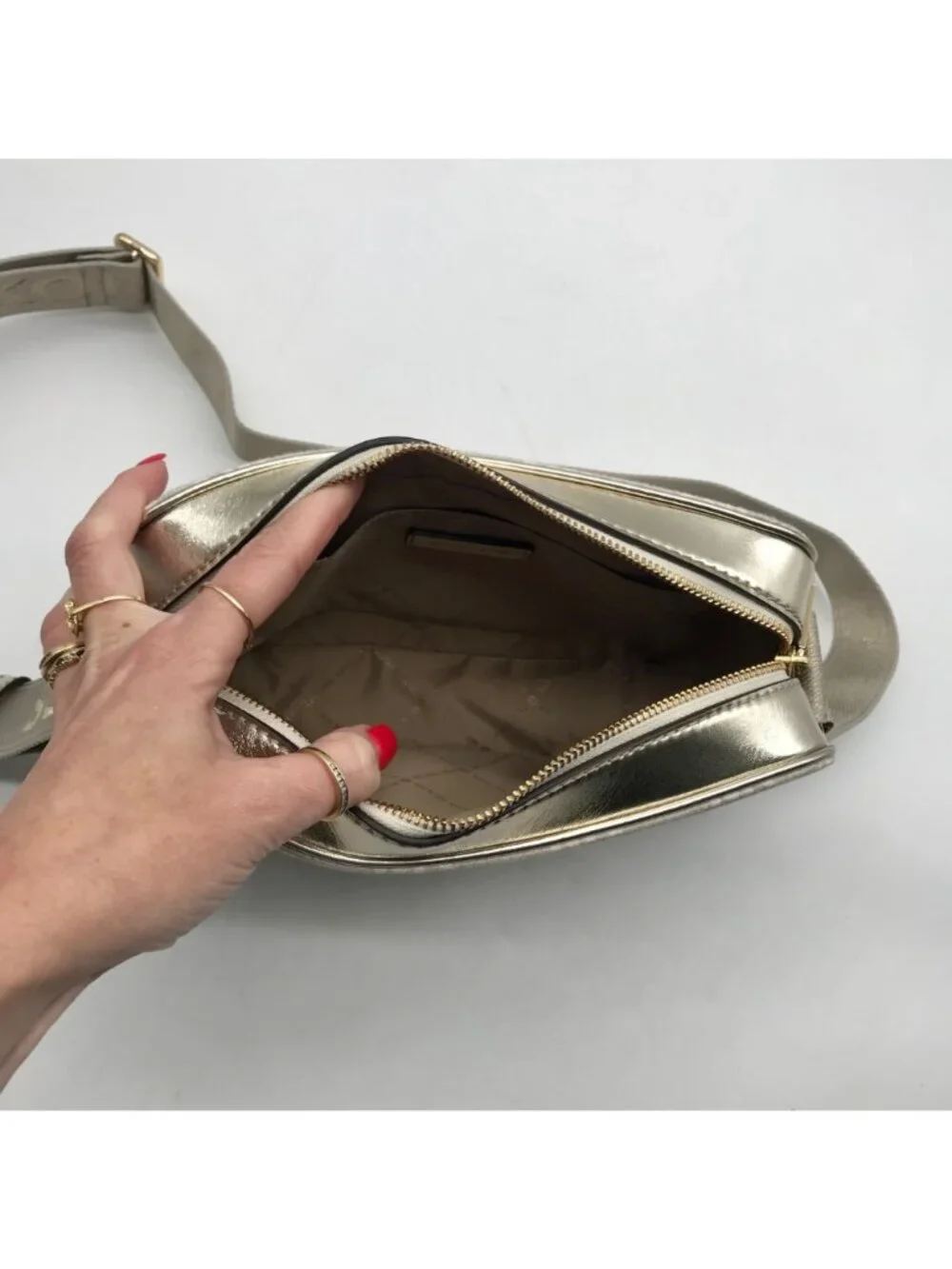 Michael Kors Metallic Gold Fabric Maeve Small East West Pocket bag